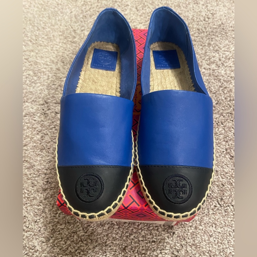 Tory Burch Blue and Black Leather Espadrille Flats